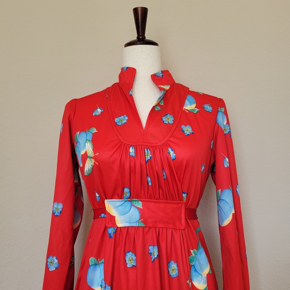 Vintage Red Fit N Flare Dress Size M Prairie Cottagecore Floral 70s Long Sleeve - Picture 3 of 12